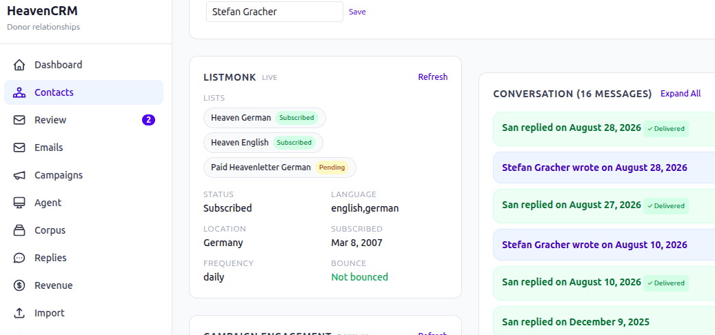 Heaven's CRM paneli, ikinci görünüm